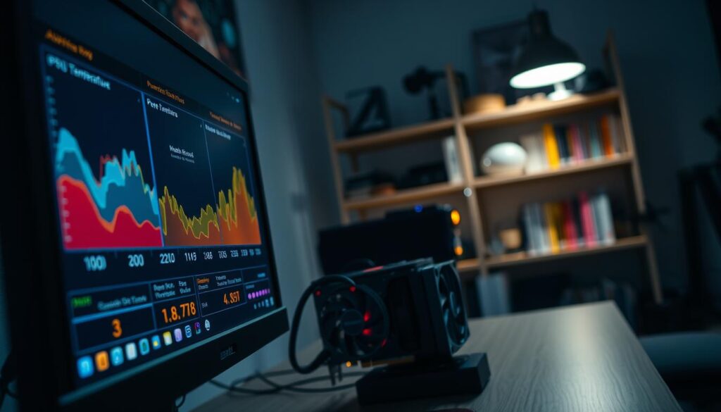 A close-up view of a computer workstation displaying a high-tech setup. In the foreground, focus on a sleek, modern monitor showing colorful graphs and numerical readouts of GPU temperatures, with a clear emphasis on the temperature readings. The middle layer features a powerful graphics card, partially visible, with its circuitry and cooling fans highlighted. In the background, a softly lit room with a blurred shelf of technology books and tools creates an engaging atmosphere of a diagnostics lab. The lighting is dim, with a subtle glow from the monitor illuminating the scene, suggesting a serious yet productive mood. Capture this in a slightly angled perspective to emphasize depth and focus on the critical diagnostic process.