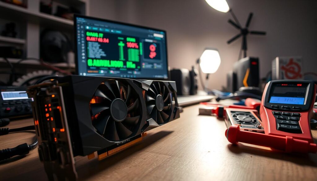 A close-up view of a high-end GPU on a workbench during a stress test, surrounded by various tools like a multimeter and thermal paste. In the foreground, the GPU's intricate circuitry and large cooling fans are highlighted, with glowing LED lights indicating activity. The middle ground features a computer monitor displaying benchmarking software with performance metrics in bright colors. In the background, a professional, clutter-free workspace is illuminated by soft, ambient lighting, casting gentle shadows. The scene conveys a sense of precision and focus, evoking a tech-savvy atmosphere that emphasizes caution and professionalism, ideal for illustrating the concept of common mistakes to avoid during GPU overclocking.