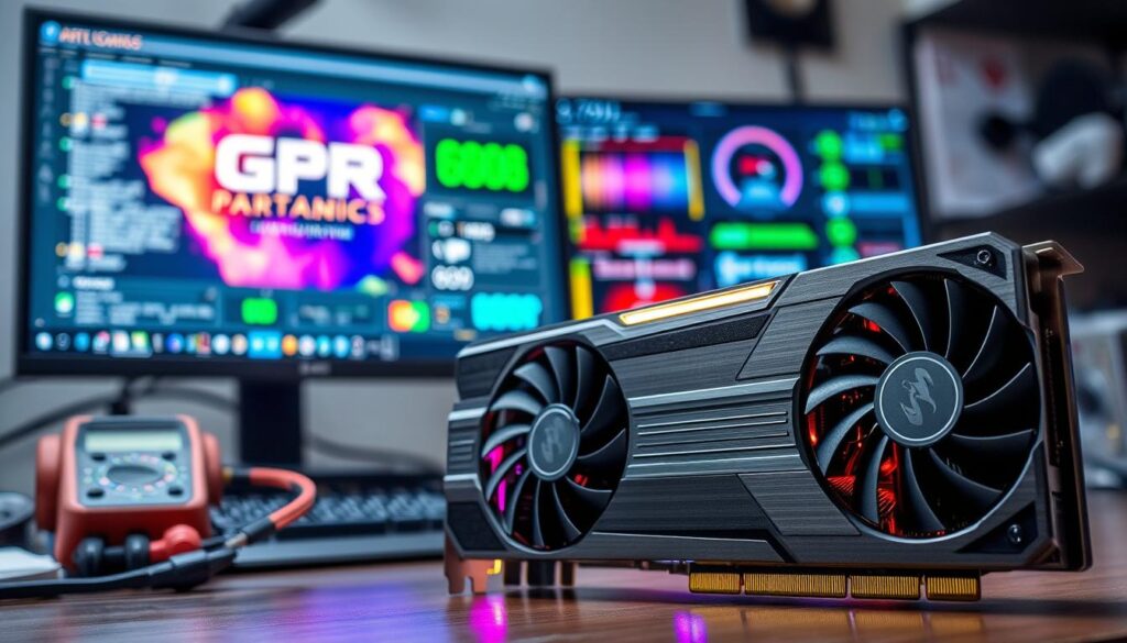A close-up view of a high-performance graphics card positioned prominently in the foreground, showcasing its intricate cooling system with visible fans and heat pipes. The card's sleek metallic design exhibits detailed etching and LED lights illuminating its logo. In the middle ground, a high-resolution computer monitor displays colorful GPU artifacts and diagnostic software interfaces, symbolizing troubleshooting efforts. The background should be a softly blurred workspace with a well-organized setup, including tools like a multimeter and software manuals, hinting at a tech-savvy atmosphere. The lighting is bright and focused, highlighting the graphics card while creating a clear contrast against the dim background, evoking a sense of urgency and precision in diagnosing hardware issues.