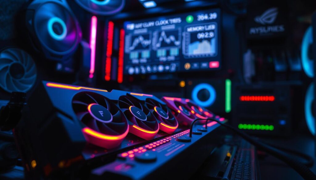A close-up view of a high-tech computer setup featuring a sleek graphics card illuminated by vibrant LED lights. In the foreground, focus on the intricate details of the graphics card circuitry displaying its core and memory clock speeds in a visually striking manner. The middle ground showcases a digital display screen showing graphs and metrics related to clock speeds, adding a sense of technical depth. The background is softly blurred, depicting a dimly lit room filled with gaming paraphernalia, enhancing the atmosphere of a dedicated gaming or computing environment. The lighting is cool and futuristic, with blue and green hues highlighting the components. The overall mood is one of precision and cutting-edge technology, reflecting the theme of performance optimization.