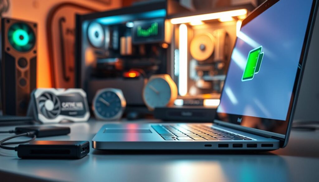 A close-up view of a modern laptop's battery icon displayed prominently on the screen, glowing in green, symbolizing optimal battery life. In the foreground, the laptop sits on a sleek desk with a tidy workspace, showcasing accessories like a power bank and energy-efficient lighting. In the middle ground, a subtle clock shows time passing, depicting a sense of efficiency and productivity. In the background, a blurred array of computer components and graphics cards emphasizes the contrast between integrated and dedicated graphics. Soft, warm lighting casts gentle shadows, creating an inviting atmosphere. The angle is slightly tilted to create a dynamic perspective, enhancing the importance of power consumption and battery life considerations. The mood is professional and informative, perfectly suited for a tech-oriented theme.