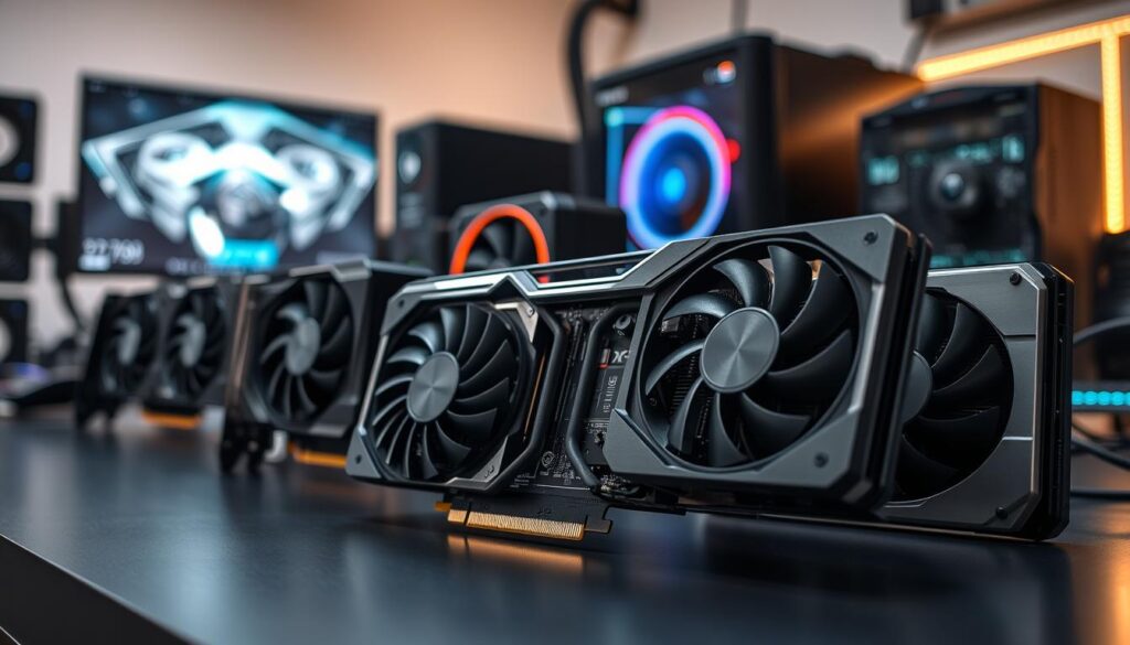 A close-up view of high-quality graphics cards displayed on a sleek, modern workbench, emphasizing their robust build design and unique cooling solutions. In the foreground, showcase an open graphics card with intricate metal components, backlit by soft LED lights that highlight the fine details of the circuitry. In the middle, position an assortment of additional graphics cards with various finishes, such as matte black and brushed aluminum, to exhibit the diversity of custom AIB designs. The background features a softly blurred computer setup with ambient lighting, creating a tech-savvy atmosphere. The overall mood conveys professionalism and innovation, underscoring the craftsmanship and design philosophy behind premium graphics cards. Ensure the image remains clean and free of any text or branding elements.