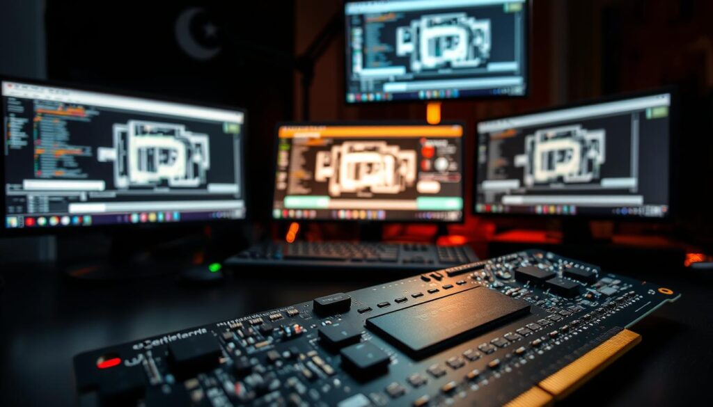 A detailed close-up shot of an ECC memory module prominently displayed in the foreground, showcasing its intricate circuit design with visible chips and connectors. In the middle ground, certified drivers—represented as sleek, modern software interfaces on screens, with lines of code and performance metrics shown—are in focus. The background features a high-tech workstation setup with multiple monitors displaying GPU architecture diagrams and a dimly lit, ambient glow, emphasizing a professional atmosphere. Use high-contrast lighting to highlight the textures of the memory module and the clarity of the drivers on-screen. The angle should be slightly tilted to create depth, with a mood of advanced technology and precision, suitable for an article on video card architecture.