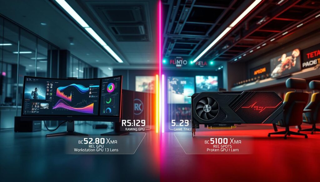 A detailed composite image representing "performance expectations for GPUs", showcasing a workstation GPU on one side and a gaming GPU on the other. In the foreground, the workstation GPU is depicted in a sleek, professional setting, with a modern workstation setup featuring multiple monitors displaying complex graphics and data analytics. The gaming GPU is shown in a vibrant gaming environment, with RGB lighting, and a high-definition screen displaying immersive game visuals. The middle ground includes subtle indicators of performance metrics like frame rates and render times illustrated in graphical forms. The background features a contrasting atmosphere: a corporate office on the workstation side and a dynamic e-sports arena on the gaming side. The image is illuminated with soft lighting, enhancing the professionalism on one side and an exciting, high-energy ambiance on the other. The scene captures a mood of innovation and competition, highlighting the distinct performance expectations in professional