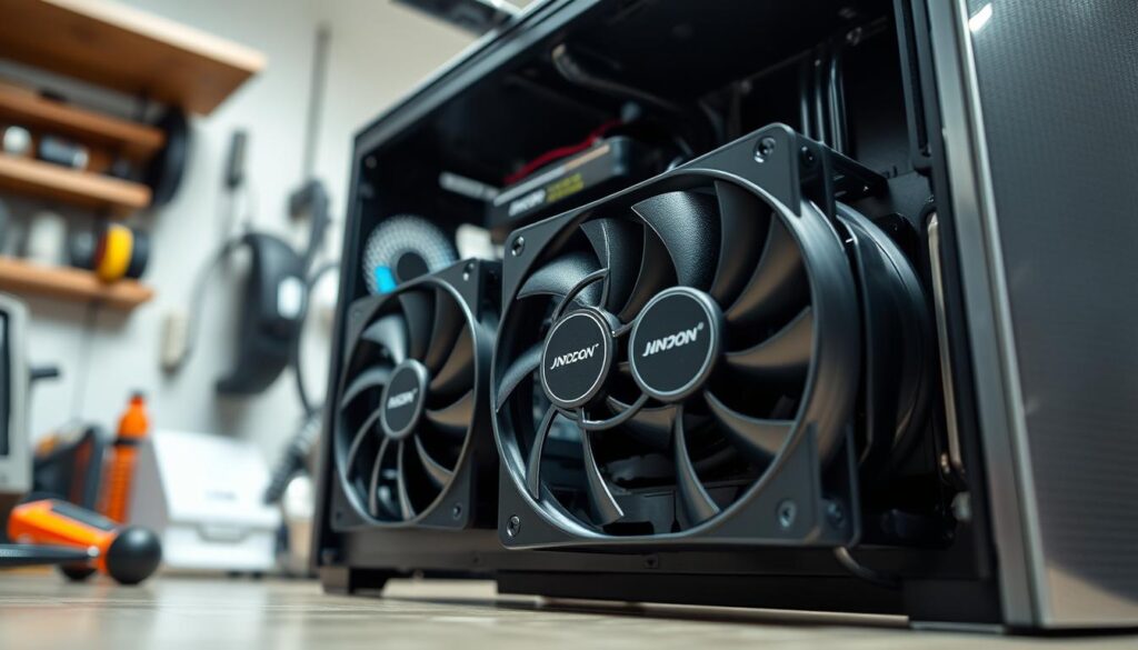 A detailed image of high-performance airflow fans designed for computer cooling systems, prominently displayed in the foreground. The fans should feature sleek black and silver designs with visible blades, showcasing their engineering sophistication. In the middle ground, a modern computer chassis with an open side panel reveals the internal components, emphasizing the fans’ placement optimizing airflow. The background should have a slightly blurred workspace, suggesting a tech-savvy environment with tools and cooling components. Use bright, focused lighting to highlight the shiny surfaces of the fans and create dynamic shadows. The angle should be a slightly low perspective, giving an authoritative view on the fans and their importance in managing GPU temperatures. The atmosphere should convey a sense of innovation and diligence in hardware selection for optimal performance.