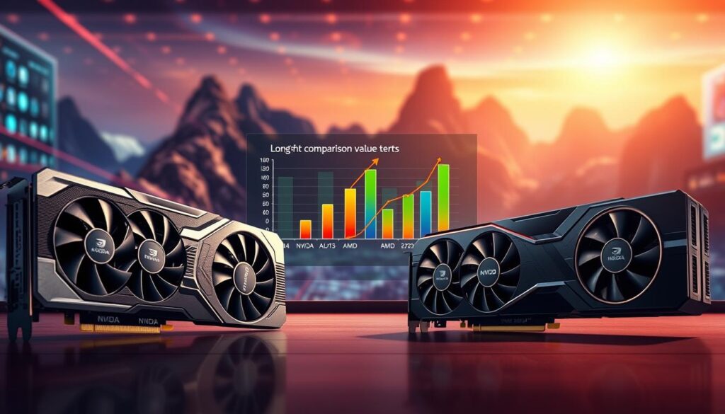 A detailed, visually striking illustration focused on high-end NVIDIA and AMD graphics cards positioned prominently in the foreground, showcasing their sleek designs and brand logos. In the middle ground, a stylized comparison chart represents long-term value metrics, featuring symbolic elements like price tags and rising graphs, subtly integrated with the GPUs. The background should fade into a virtual landscape, representing modern gaming and computational environments, with an ambiance of dynamic lighting that emphasizes the cutting-edge technology. Use a soft-focus lens effect for a polished look, capturing the mood of tech innovation and competitive spirit. The entire composition should feel vibrant yet professional, appealing to tech enthusiasts.