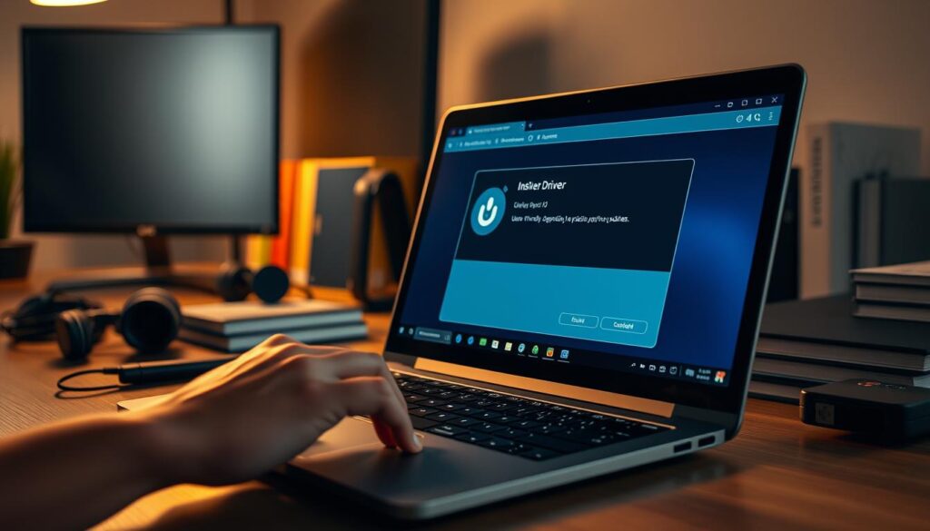 A detailed workspace setup for reinstalling graphics drivers, with a close-up focus on a sleek, modern laptop displaying a software interface specifically for driver updates. In the foreground, a hand is seen navigating a user-friendly graphical user interface on the laptop screen, showcasing installation progress. The middle ground features tools like a USB drive and external monitor, emphasizing a tech-savvy environment. The background displays soft-focused books and tech gadgets, creating a subtle, organized atmosphere. Warm, diffused lighting casts a professional glow, enhancing the focus on the laptop. The scene varies in soft shadow and bright highlights, evoking a sense of clarity and precision essential for the task.