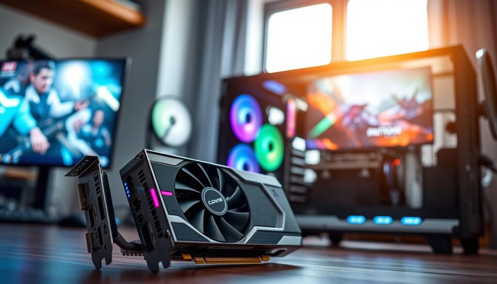 A high-quality midrange graphics card displayed prominently in the foreground, showcasing its sleek design with metallic finishes and LED accents. The card is positioned at an angle to highlight its ports and cooling system. In the middle ground, a stylish gaming PC case is visible, partially open to reveal additional components like power supply and fans, illuminated softly with ambient lighting. The background features a blurred workspace with a modern computer monitor displaying vibrant gaming graphics, enhancing the tech-savvy atmosphere. Natural lighting streams from a nearby window, creating a bright, inviting ambiance. The mood is focused and inspiring, perfectly capturing the essence of value and performance in computer hardware.