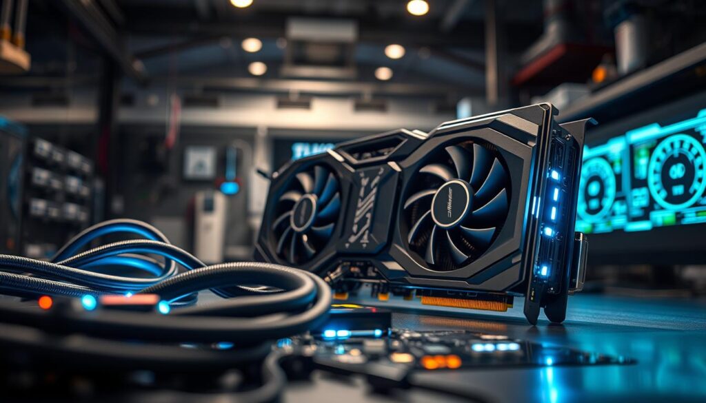 A high-tech image showcasing the concept of "power delivery" in computer graphics cards, focusing on the internal components of a custom AIB video card against a blurred background of a sophisticated laboratory. In the foreground, display intricate circuitry and high-quality power connectors illuminated by soft blue and white LED lights, emphasizing the pathways of power. The middle section features a sleek graphics card with robust capacitors and cooling solutions designed for overclocking, angled slightly to showcase its design. The background should hint at advanced technology, with various digital gauges or diagnostic screens hinting at performance metrics. The mood is futuristic and dynamic, reflecting innovation and high-performance engineering. The lighting should create a clean, professional atmosphere, showcasing the cutting-edge technology in vivid detail.