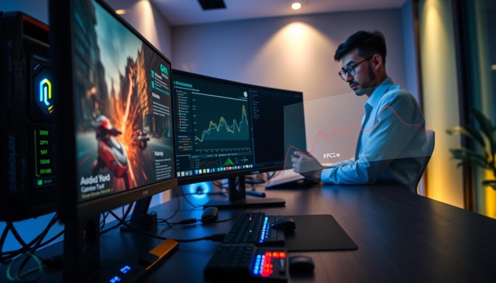 A high-tech workspace showcasing a split-screen view of gaming and professional workloads, illustrating the impact of motherboard bandwidth. In the foreground, a sleek gaming monitor displays an intense gaming scene with detailed graphics, while a second monitor features a complex data analysis chart. A modern desk with a high-performance gaming PC is visible, revealing an illuminated interior showing advanced PCIe components. The middle ground features a focused professional in business casual attire, engrossed in their work, and an animated GPU performance graph floating beside them. The background is a softly lit room with a blend of cool blue and warm yellow tones, creating an immersive atmosphere. The angle captures depth, emphasizing the duality of gaming and professional tasks, highlighting the real-world impact of PCIe bandwidth.