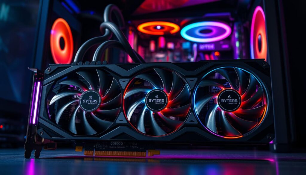 A highly detailed graphics card cooling solution showcased prominently in the foreground, featuring a modern design with efficient heat pipes and multiple robust fans. The cooling assembly is engineered for optimal airflow, with sleek aluminum fins and vibrant RGB lighting accents adding a futuristic touch. In the middle ground, a partially transparent casing reveals the intricate circuitry and components of the graphics card, emphasizing the advanced technology. The background displays a softly blurred computer setup, with ambient lighting that complements the colors of the cooling system. The scene is illuminated with dramatic yet balanced lighting, shot from a low angle to highlight the grandeur of the cooling system. The overall atmosphere conveys a sense of power and innovation, ideal for high-performance gaming applications.