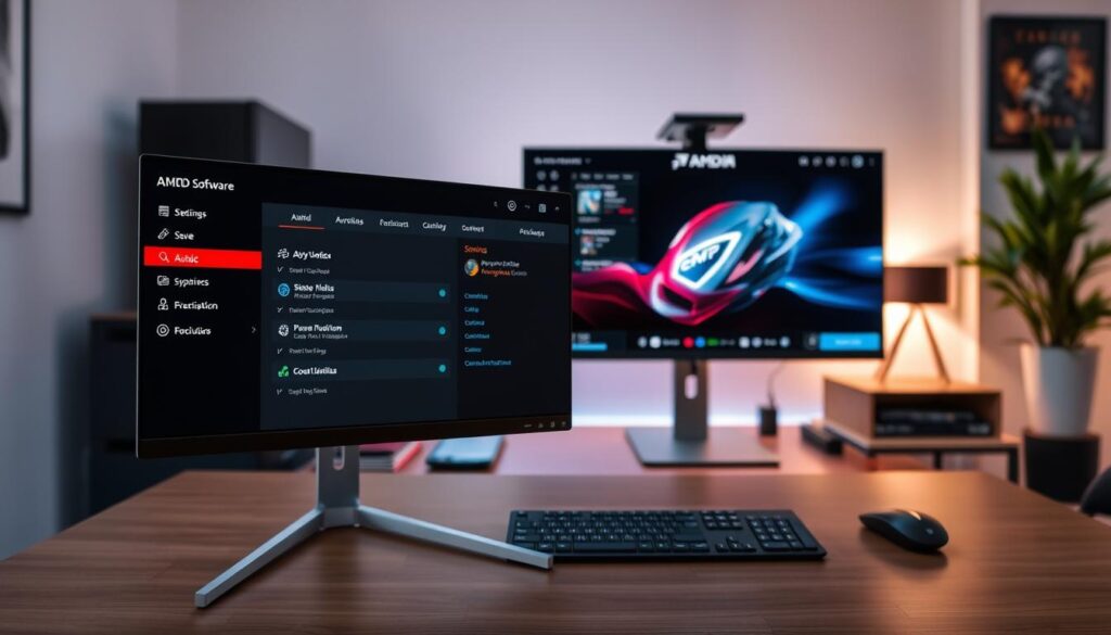 A modern computer desktop setting showcasing the AMD software settings interface in vivid detail. In the foreground, the AMD software window is open, featuring clear graphics and a user-friendly dashboard filled with performance optimization options. The middle layer displays a well-organized desktop environment with a sleek gaming monitor displaying dynamic, high-resolution visuals. The background shows a stylish home office setup, with ambient lighting casting a soft glow across the space. Use a wide-angle lens perspective to capture the entire scene, with a focus on the screen interface. The mood is professional and focused, reflecting an atmosphere of productivity and technical sophistication.