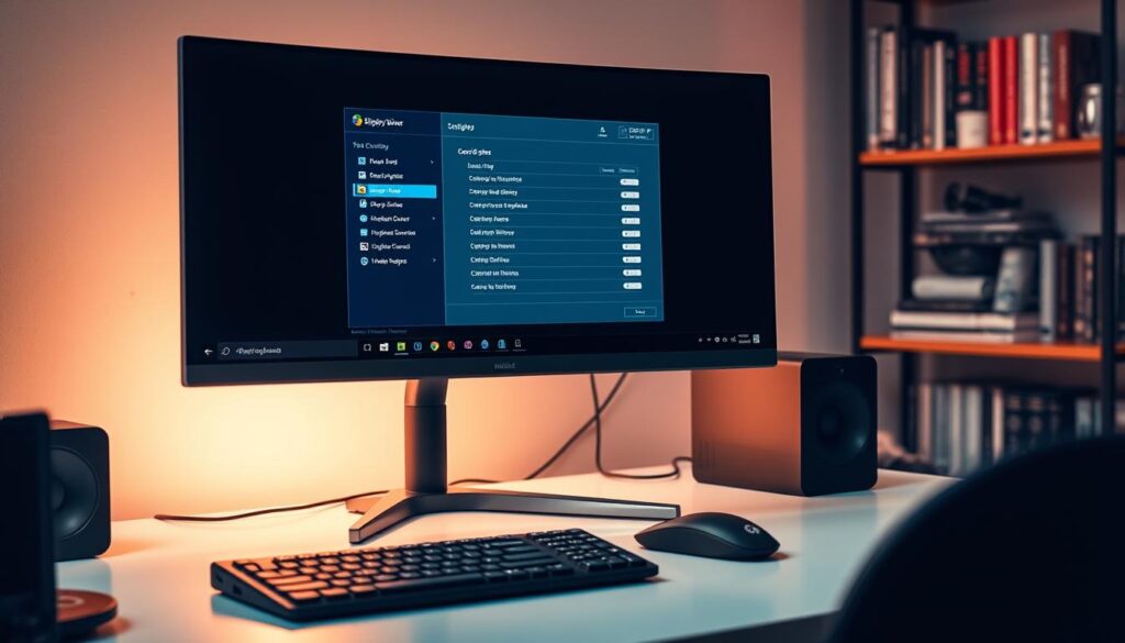 A modern computer workstation featuring a detailed view of the Display Driver Uninstaller application open on a sleek monitor. In the foreground, the screen displays the software interface with various options for uninstalling displays clearly visible, all rendered in vibrant colors. The middle ground includes a well-organized desk with a mechanical keyboard and a high-tech mouse, adding to the atmosphere of a tech-savvy workspace. Soft, focused lighting highlights the screen while creating a cozy yet professional ambiance. In the background, a blurred bookshelf filled with tech manuals and personalized decor complements the workstation. The overall mood is clean, efficient, and focused, embodying the theme of a fresh start in display driver management.