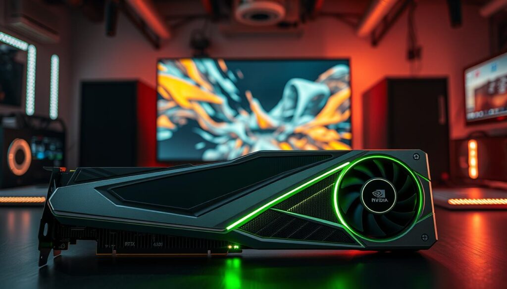 A sleek NVIDIA GeForce RTX graphics card is showcased prominently in the foreground, with its angular, futuristic design accentuated by a glowing green and silver color scheme. Detailed textures of the metal casing and intricate cooling system are emphasized under dramatic, soft lighting that highlights its contours. In the middle ground, a high-resolution 4K screen displays a vibrant 3D scene, showcasing advanced visual effects and lifelike textures made possible by ray tracing technology. The background features a modern workspace with blurred shadows of computer equipment and LED lights, creating a tech-savvy atmosphere. The overall mood is dynamic and futuristic, capturing the essence of cutting-edge graphics technology in a professional, visually impressive setting.