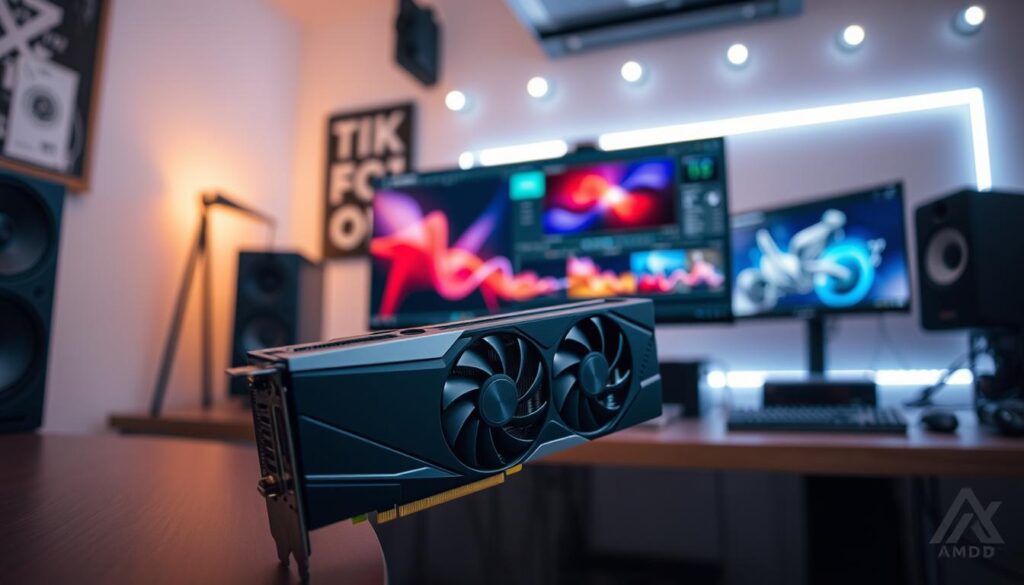 A sleek and modern AMD Radeon graphics card prominently displayed in the foreground, showcasing its intricate cooling system and design details in a professional studio setting. The middle ground features a high-end computer setup with a 4K monitor displaying vibrant graphics, illustrating video editing and 3D rendering software interfaces. The background is softly blurred to keep focus on the graphics card, with subtle hints of technology-themed décor, such as LED lighting and a dynamic workspace. The scene is lit with soft, diffused lighting, creating a clean and high-tech atmosphere. The angle of the shot is slightly top-down, enhancing the depth and allowing for an immersive feel, emphasizing the importance of AMD Radeon in high-performance tasks.