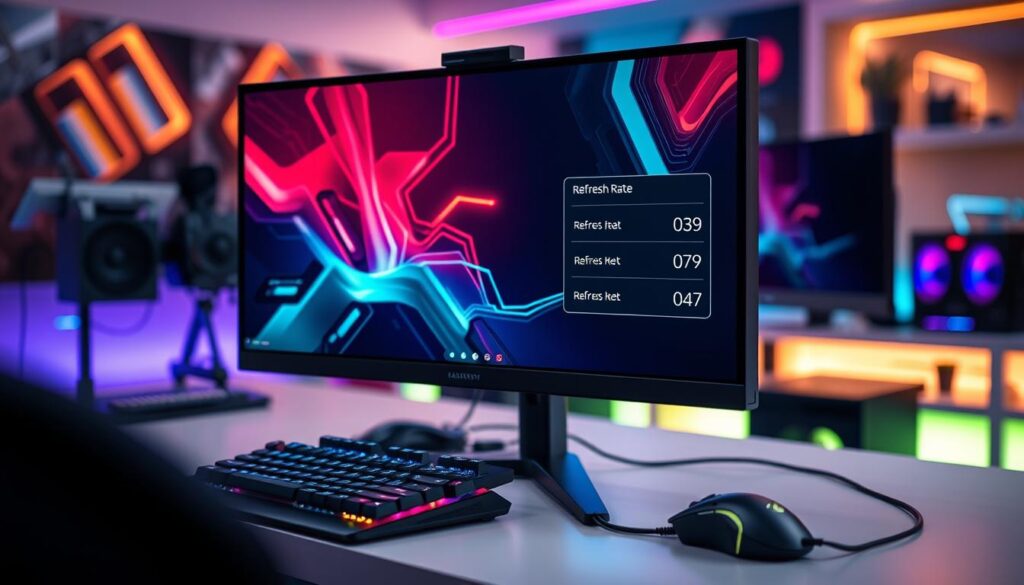 A sleek, high-resolution gaming monitor displaying an animated graphical interface showing various refresh rates, with a dynamic, colorful backdrop of abstract tech visuals representing performance optimization. In the foreground, focus on the monitor's screen detailing refresh rate settings, with a cursor hovering over different values. In the middle ground, include a stylish desk setup with RGB lighting, a modern gaming keyboard, and a mouse, all in a soft focus to draw attention to the monitor. The background should feature a blurred view of a contemporary gaming room with ambient lighting, creating a vibrant yet professional atmosphere. Soft, even lighting highlights the monitor while maintaining a cool, tech-savvy vibe. The perspective should be slightly angled to emphasize depth, showcasing the high-tech environment.