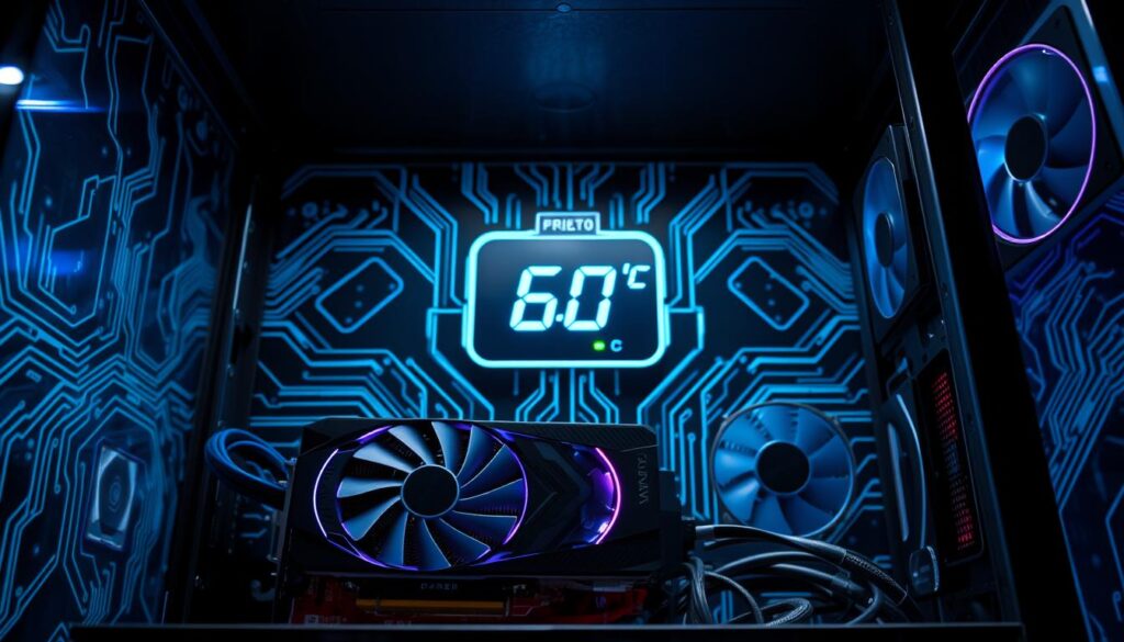 A sleek, modern computer setup is displayed prominently in the foreground, showcasing an open case with a high-performance GPU that glows softly with LED lights indicating cool temperatures. In the middle ground, a digital thermometer shows a temperature reading of 60°C against a contrasting, high-tech background featuring abstract circuit patterns and cooling fans. The lighting is bright but soft, with a radiant light source from above that highlights the GPU and creates a sense of cleanliness and efficiency. The atmosphere is calm and professional, conveying a feeling of technological advancement and the benefits of cooling solutions. The camera angle is slightly angled downward, providing a clear view of both the GPU and the temperature display while emphasizing the neat organization of cables and the overall aesthetic of the setup.