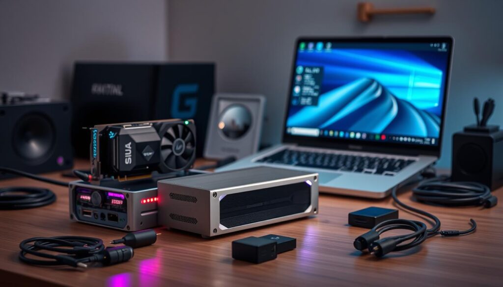A sleek, modern eGPU enclosure displayed prominently in the foreground, showcasing its aluminum casing and illuminated LED indicators. The enclosure is slightly open, revealing internal components such as a powerful graphics card and cooling fans, exuding a sense of advanced technology. In the middle ground, an array of external accessories, like cable adapters and power supplies, add depth to the scene. The background features a well-organized workspace, including a laptop with a high-resolution screen connected to the eGPU, surrounded by clean lines and a minimalistic design. Soft, diffused lighting casts gentle shadows, enhancing the tech-savvy atmosphere, while a shallow depth of field keeps the focus sharply on the eGPU enclosure, evoking a modern and innovative feel.