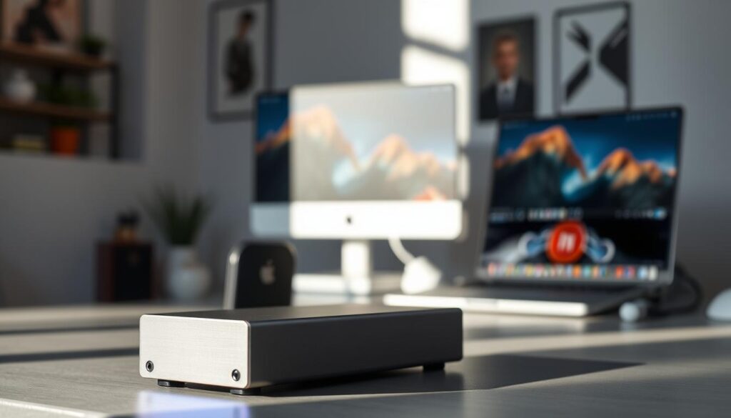 A sleek, modern eGPU enclosure positioned prominently in the foreground, showcasing its robust fan and multiple ports for connectivity. The design features a metallic finish with LED lights that create a subtle glow. In the middle background, a well-organized laptop setup is visible, connected to the eGPU via a high-speed Thunderbolt cable, with an elegant monitor displaying vibrant graphics. Soft, natural lighting enhances the product, casting gentle shadows and highlighting its engineering details. The backdrop features a stylish workspace with minimalistic decor, evoking a tech-savvy atmosphere. The overall mood is focused and professional, communicating the importance of optimizing laptop performance without distractions.