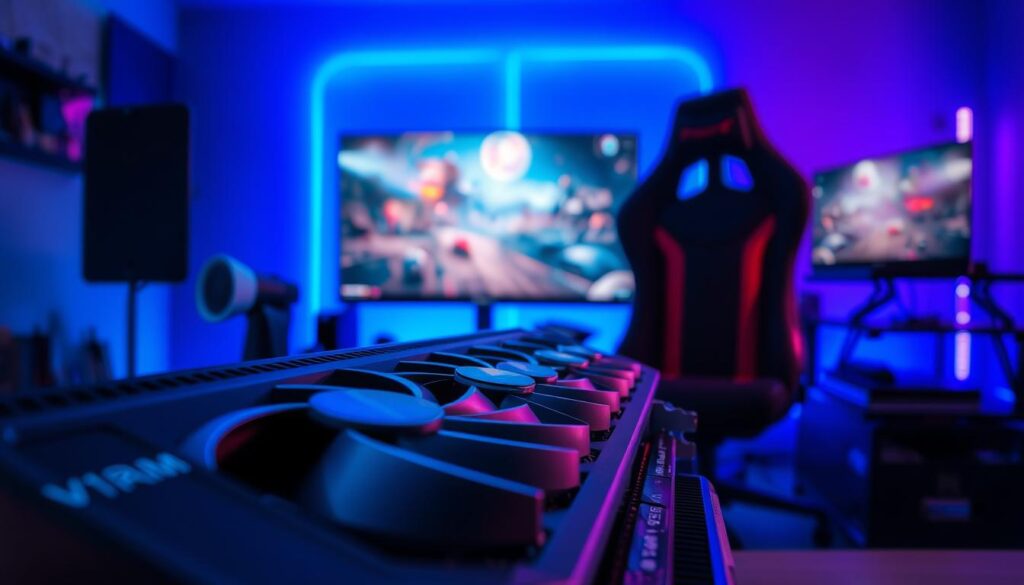 An intricate close-up of a high-performance graphics card showcasing its cooling fans and VRAM chips, set against a sleek, modern gaming setup with a vibrant LED-lit backdrop. The foreground highlights the textured surface of the graphics card, while the middle features a blurred image of a gaming monitor displaying a dynamic game scene with rich colors. In the background, subtle silhouettes of a gaming chair and an organized desk with gaming accessories enhance the atmosphere. The scene is illuminated with cool blue and purple lights, creating a tech-savvy ambiance. Capture the essence of cutting-edge gaming technology and the importance of VRAM in modern gaming experiences. Use a wide-angle lens to emphasize depth and details while maintaining a professional, polished look.